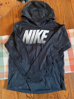 Nike Black Hooded Crewneck with White Striped NIKE Logo - Kids